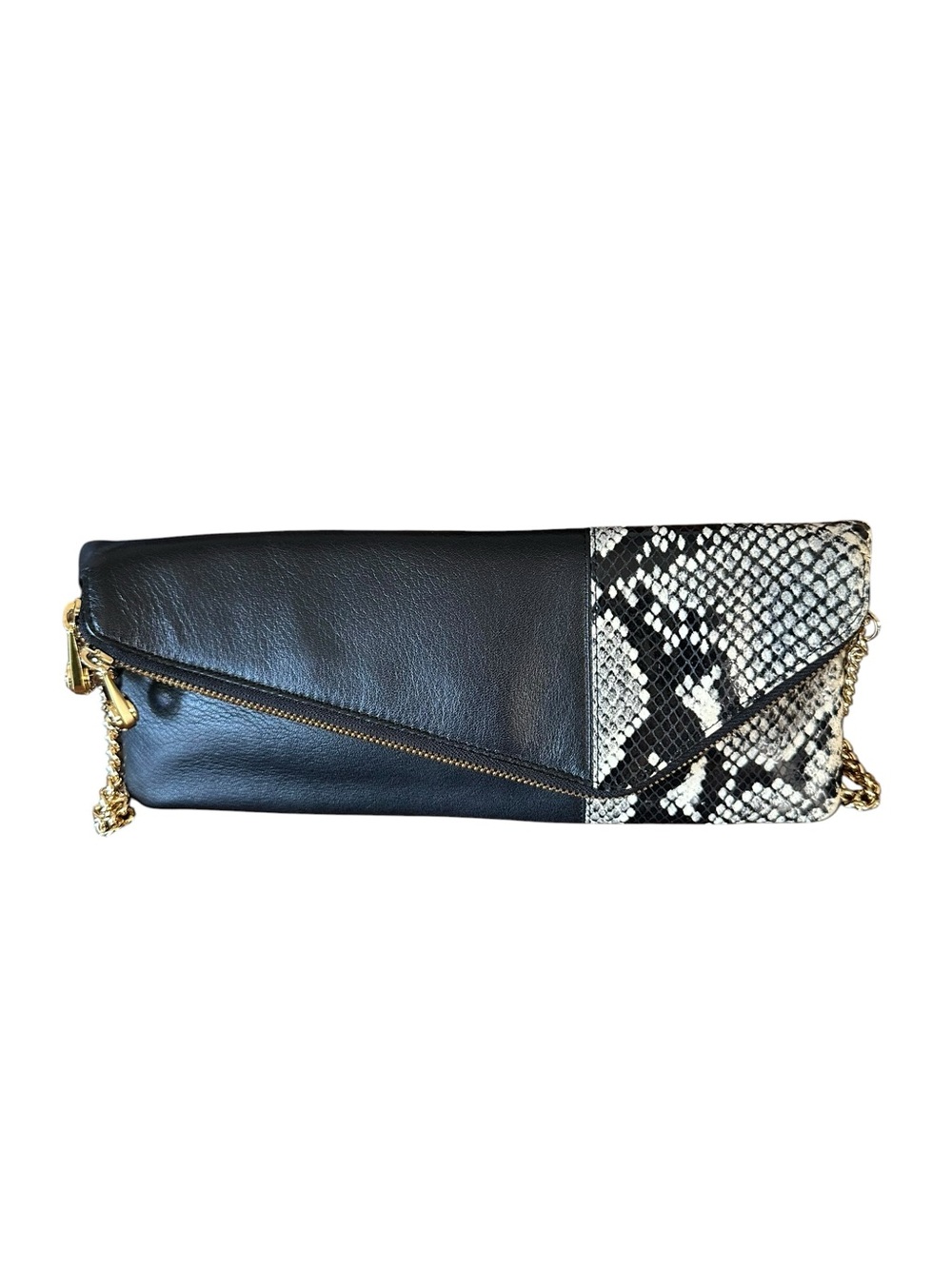 Henri Bendel Black & Snakeskin Leather Envelope Clutch Bag